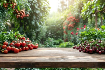 Poster - A wooden table topped with a colorful array of fresh, vibrant vegetables, including tomatoes, carrots, broccoli, and peppers.