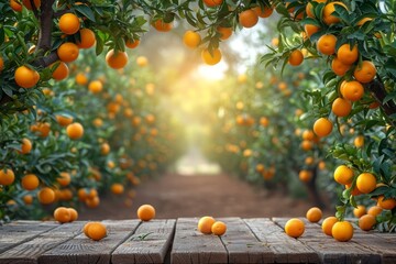 Poster - Several ripe oranges hang in a cluster from a tree branch, showcasing the vibrant fruit against the green foliage.