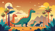 Colorful dinosaur family in a prehistoric landscape vector illustration