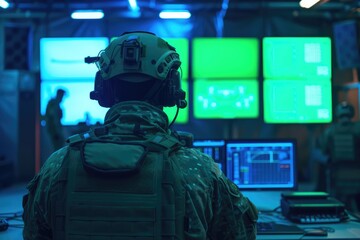 Poster - Military operator in tactical gear overlooking a control room with multiple screens. Command center and strategy concept. Futuristic technology, high-tech. Design for banner, advertising