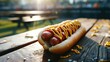 Classic American hot dog against a baseball stadium backdrop