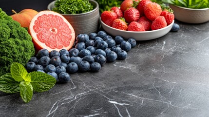 Poster - A table adorned with bowls filled with a variety of fresh fruits and vegetables, creating a vibrant and inviting display.