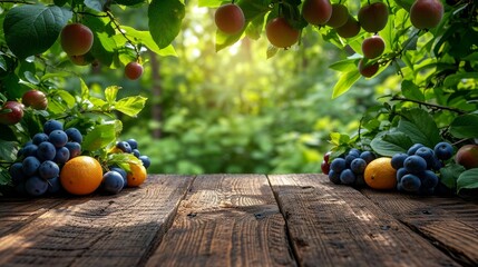 Poster - A wooden table is adorned with an abundance of various fresh fruits including apples, oranges, bananas, grapes, and watermelons.