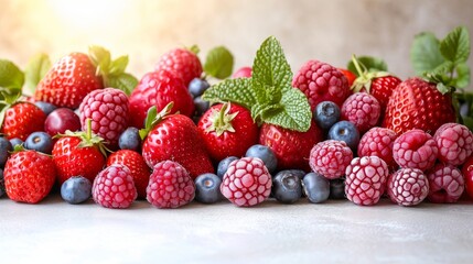 Poster - A pile of raspberries and blueberries with their fresh green leaves, showcasing their abundance and natural vibrancy.