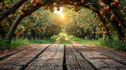 Poster - summer orange fruits garden background with empty wooden table top in front, sunlight soft background