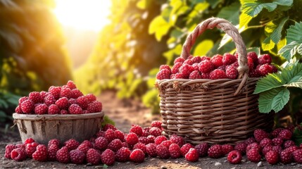 Poster - summer raspberry harvesting in garden background with empty wooden table top in front, sunlight soft background