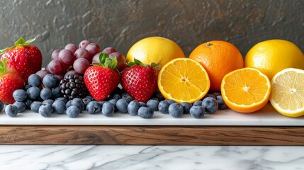 Poster - A vibrant assortment of fresh fruit, including apples, oranges,, and grapes, arranged neatly on a kitchen counter.