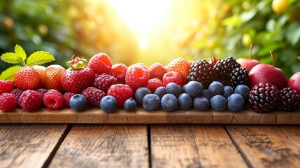 Poster - summer fruit and berries garden background with empty wooden table top in front, sunlight soft background