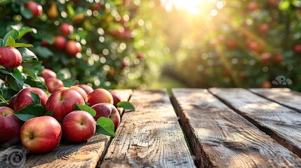 Wall Mural - A wooden table showcases a multitude of vibrant red apples arranged in an abundant display.