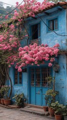 Poster - Old blue building covered in vibrant pink flowers.