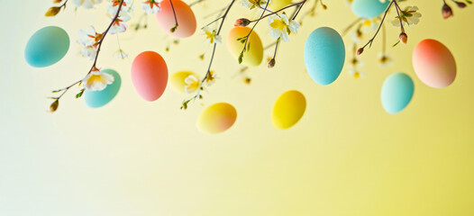 Wall Mural - Vibrant painted Easter eggs among delicate spring blossoms against a light yellow background