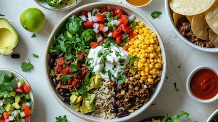 Top down shot of Chipotle style Burrito Bowl against white background