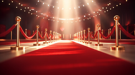 Wall Mural - Red carpet staircase with smoke and spotlights, holiday awards ceremony event