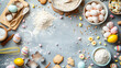 A flat lay of Easter baking ingredients including flour eggs cookie dough and Easter-themed cookie cutters on a kitchen counter.