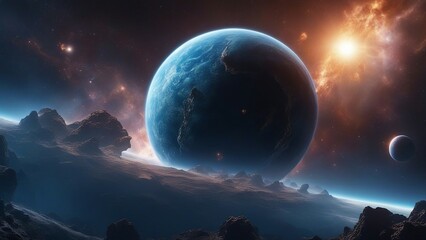 Wall Mural - planet in space a space scene with an alien planet and a blue nebula. the image shows a realistic an