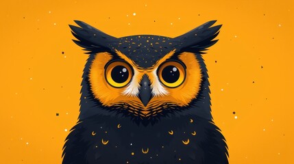 Wall Mural -  a close up of an owl's face on a yellow background with drops of water on the eyes and the head of the owl's upper part of its body.