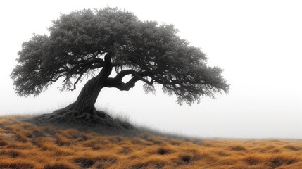 Poster -  a lone tree sitting on top of a dry grass covered hill in the middle