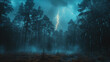 A forest during a thunderstorm with lightning illuminating the trees and heavy rain.