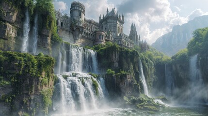  Castle perched majestically amid cascading waterfalls.