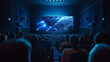 © sandsun - The cinema hall is full of spectators, a film is being shown on the screen, view from behind