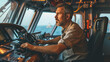 The ship's captain confidently steers the vessel from the captain's bridge, navigating towards open seas to ensure the safety and reliability of maritime transport