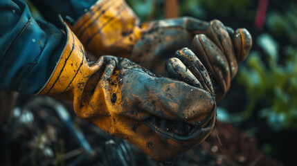 Dirty gardening gloves in the mud