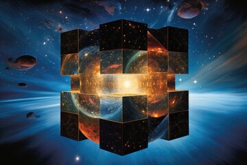 Canvas Print - A cube suspended in space with a backdrop of distant planets, creating an astronomical scene, Time in the fourth dimension, the universe, cosmos, infinite, cube, changing, eternity, AI Generated