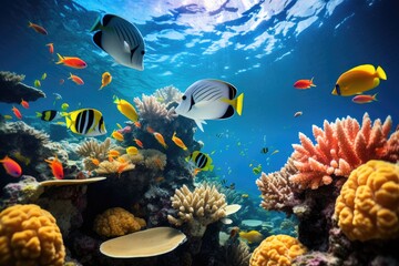 Wall Mural - A vibrant group of fish swimming gracefully over a lively and colorful coral reef, Underwater view of a coral reef with various fishes and a yellow butterflyfish, AI Generated