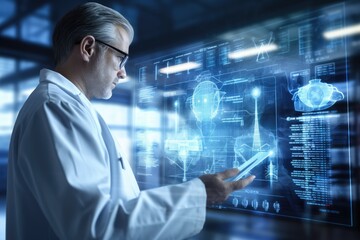 Poster - A scientist in a lab coat is focused on analyzing data displayed on a computer screen, View of a doctor holding a futuristic interface with data, presented in 3D rendering, AI Generated