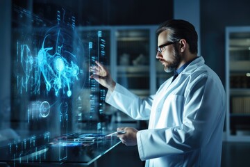 Poster - A scientist wearing a lab coat observes a computer screen displaying data in a laboratory, View of a doctor holding a futuristic interface with data, presented in 3D rendering, AI Generated