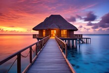 Pier Leading To Waterfront Hut, Tranquil Escape On The Water, Water Bungalow, Sunset On The Islands Of The Maldives, A Place For Dreams, AI Generated