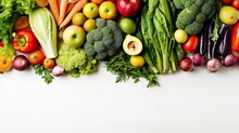 An Overhead View Of Healthy Fresh Organic Colorful Fruits And Vegetables. Copy Space For Text
