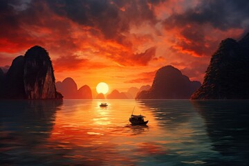 Beautiful sunset in Halong bay, Vietnam. 3D rendering, Seascape sunset at Halong Bay, AI Generated