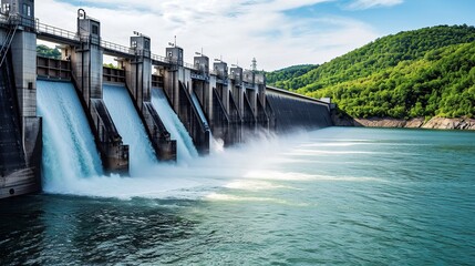 Portrait a large dam with water flowing out. Hydroelectric power plant background.