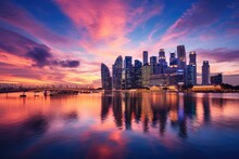 Singapore Skyline At Sunset. Singapore Is One Of The Most Popular Tourist Destinations In The World, Singapore Skyline At Sunset Time In Singapore City, AI Generated