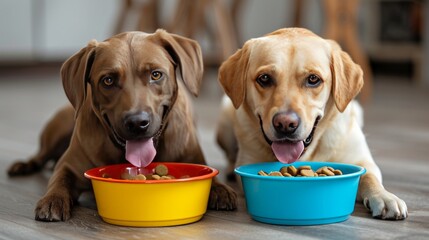 two happy dogs happily eat their food from colorful bowls