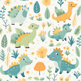 Fototapeta Dinusie - Seamless pattern with cute dinosaurs and green leaves for children print.
