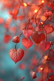 Fototapeta Kwiaty - A vibrant reminder of love on valentine's day, as red leaves gracefully adorn a tree branch in the midst of autumn's bright pastel colors