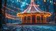  a merry go round in the middle of a forest with christmas lights on the trees and lights strung across the top of the canopy and around the top of it.