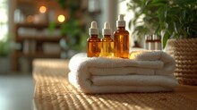  Three Bottles Of Oil Sitting On Top Of A Table Next To A Stack Of Towels On Top Of A Table Next To A Potted Plant And A Wicker Basket.