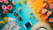 A summer festival flat lay with concert tickets a flower crown sunglasses a portable charger and festival wristbands on a vibrant backdrop.