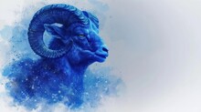  A Painting Of A Ram With Blue Paint Splattered On It's Face And Horns, In Front Of A White Background With Blue Spots And White Spots.