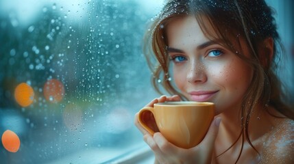 Wall Mural -  a beautiful young woman holding a coffee cup in front of a rainy window with rain coming down on her head and her hand on a cup in her other hand.