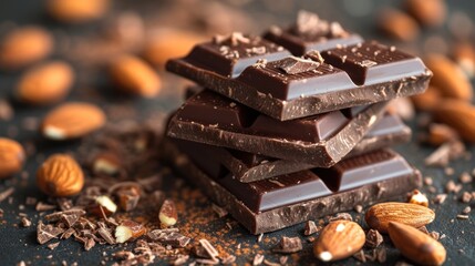 Canvas Print -  a pile of chocolate with almonds and nuts on a black surface with a few pieces of chocolate stacked on top of each other with almonds scattered around it.