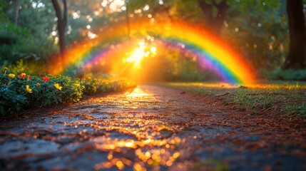 Poster -  a rainbow in the middle of a road with trees and flowers on either side of the road and the sun shining through the trees on the other side of the road.