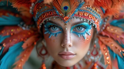 Sticker -  a close up of a woman's face with blue eyes and colorful feathers on her head and a feathered headdress on her face and her face.