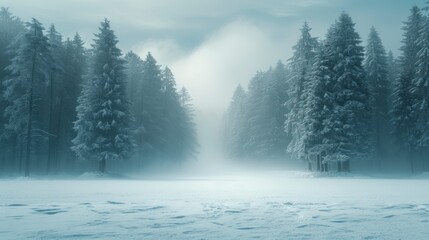   a foggy forest filled with lots of trees and a bench in the middle of a snow covered field with footprints in the snow and footprints in the foreground.