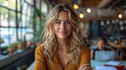 Poster -  a woman sitting at a table in a restaurant with a smile on her face and arms crossed, looking at the camera, with a blurry background of people in the background.