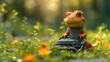 a toy lizard sitting on top of a lawn mower in a field of green grass and yellow flowers with the sun shining through the trees in the back of the background.