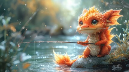  a digital painting of a cute little orange dragon with a fishing rod in its mouth, sitting on a rock in the middle of a body of water with grass and flowers in the background.